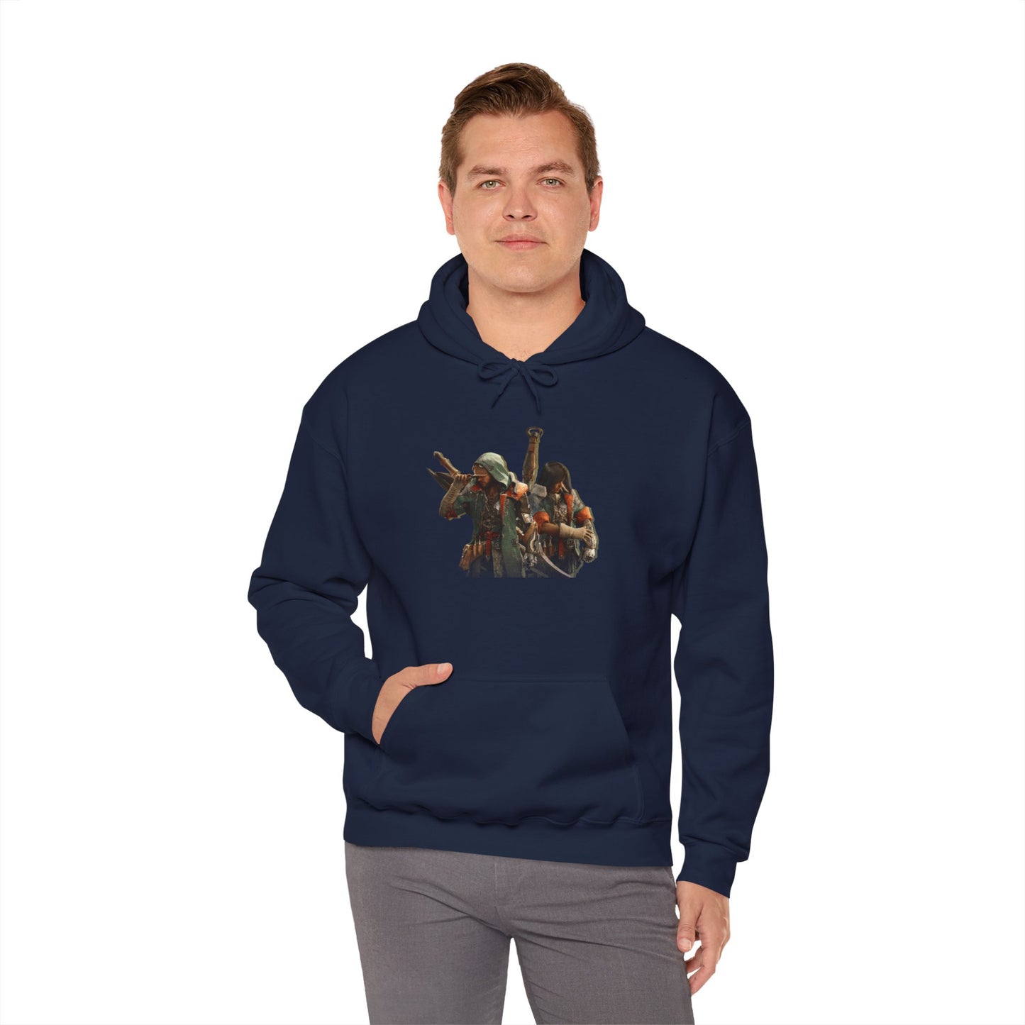 Navy Blue Monster Hunter Wilds Hoodie – Rathalos & Hunter