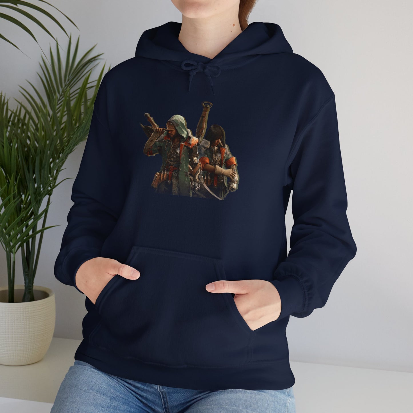 Navy Blue Monster Hunter Wilds Hoodie – Rathalos & Hunter