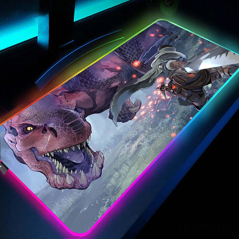 RGB XXL Gaming Mouse Pad - Monster Hunter Battle Scene with Dynamic Colors