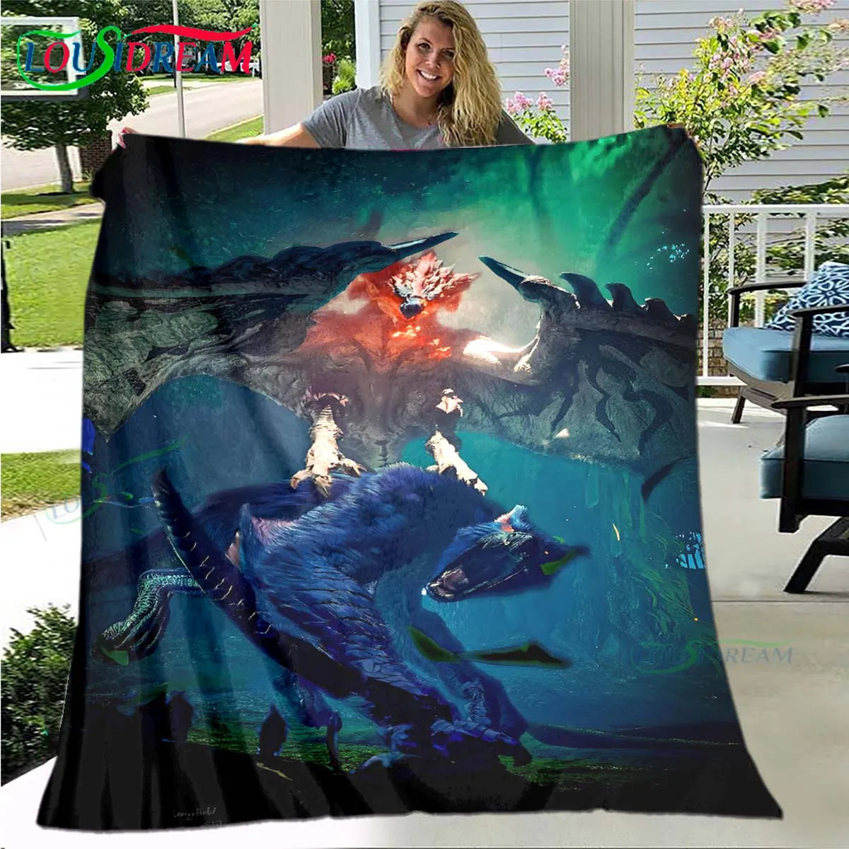 Monster Hunter: Iceborne Majestic Clash Blanket - Blue & Green