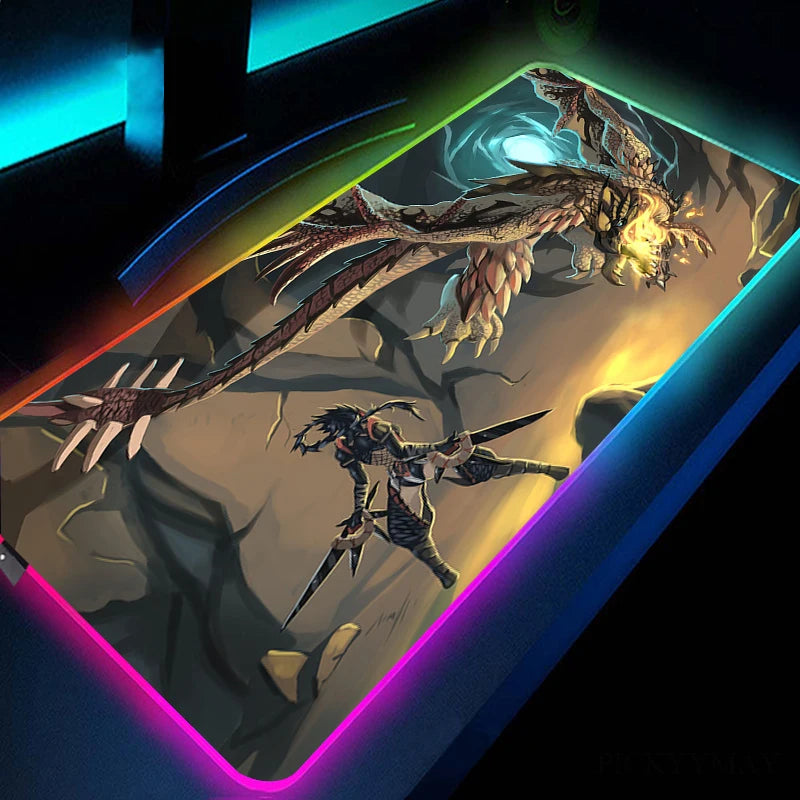 RGB XXL Gaming Mouse Pad - Fierce Battle with Dragon in Monster Hunter