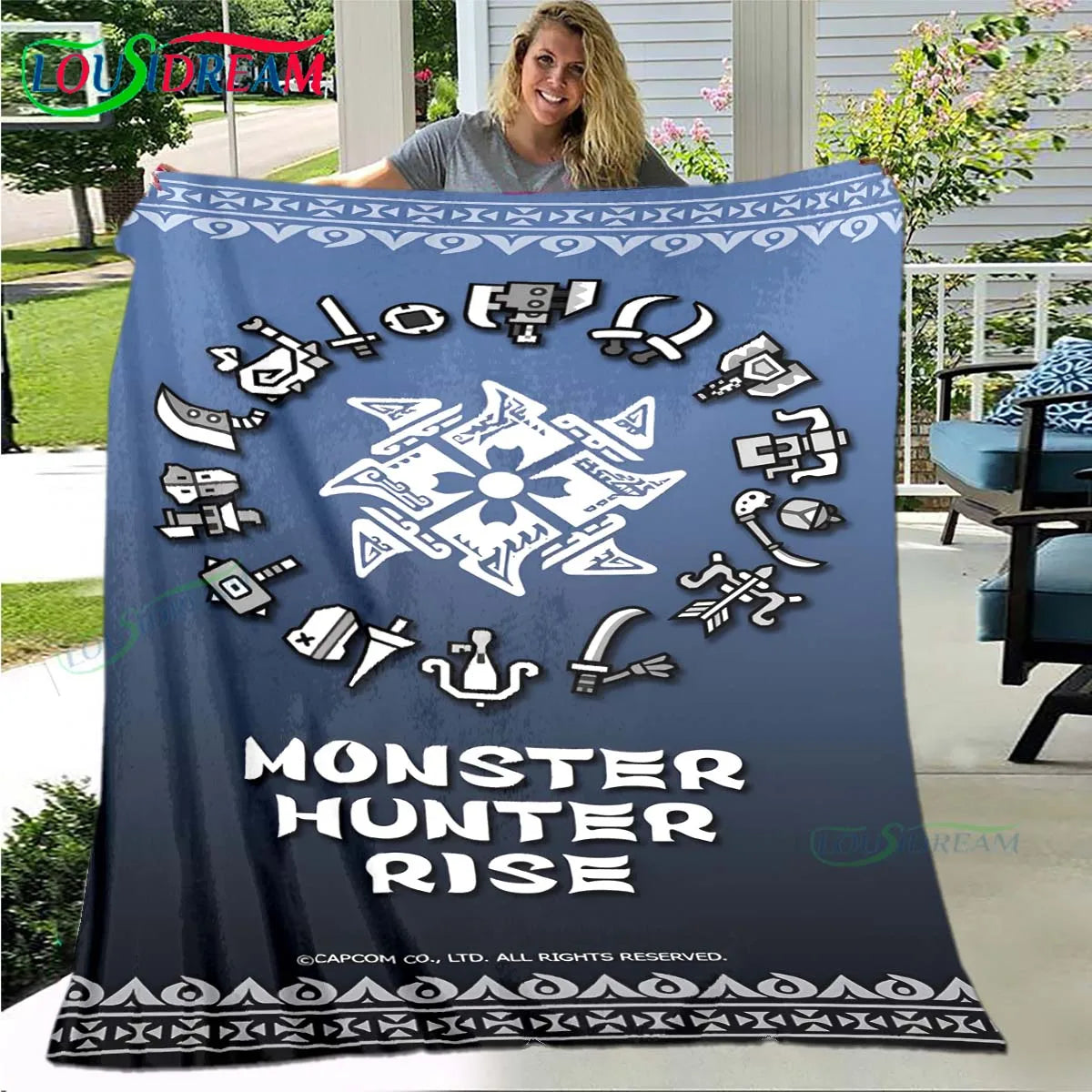 Monster Hunter: Rise Tribal Emblem Blanket - Blue & White